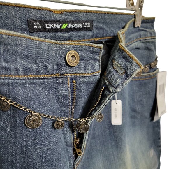 DKNY NWT Size 12 Jeans Denim Gold Glitter So Low Lita Chain Belt Boot Distressed - Picture 14 of 16